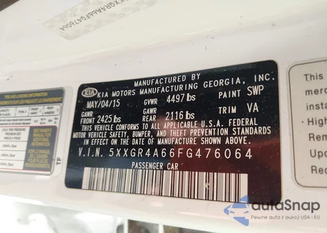 2015 Kia Optima Sxl Turbo z USA, uszkodzony, nr VIN 5XXGR4A66FG476064